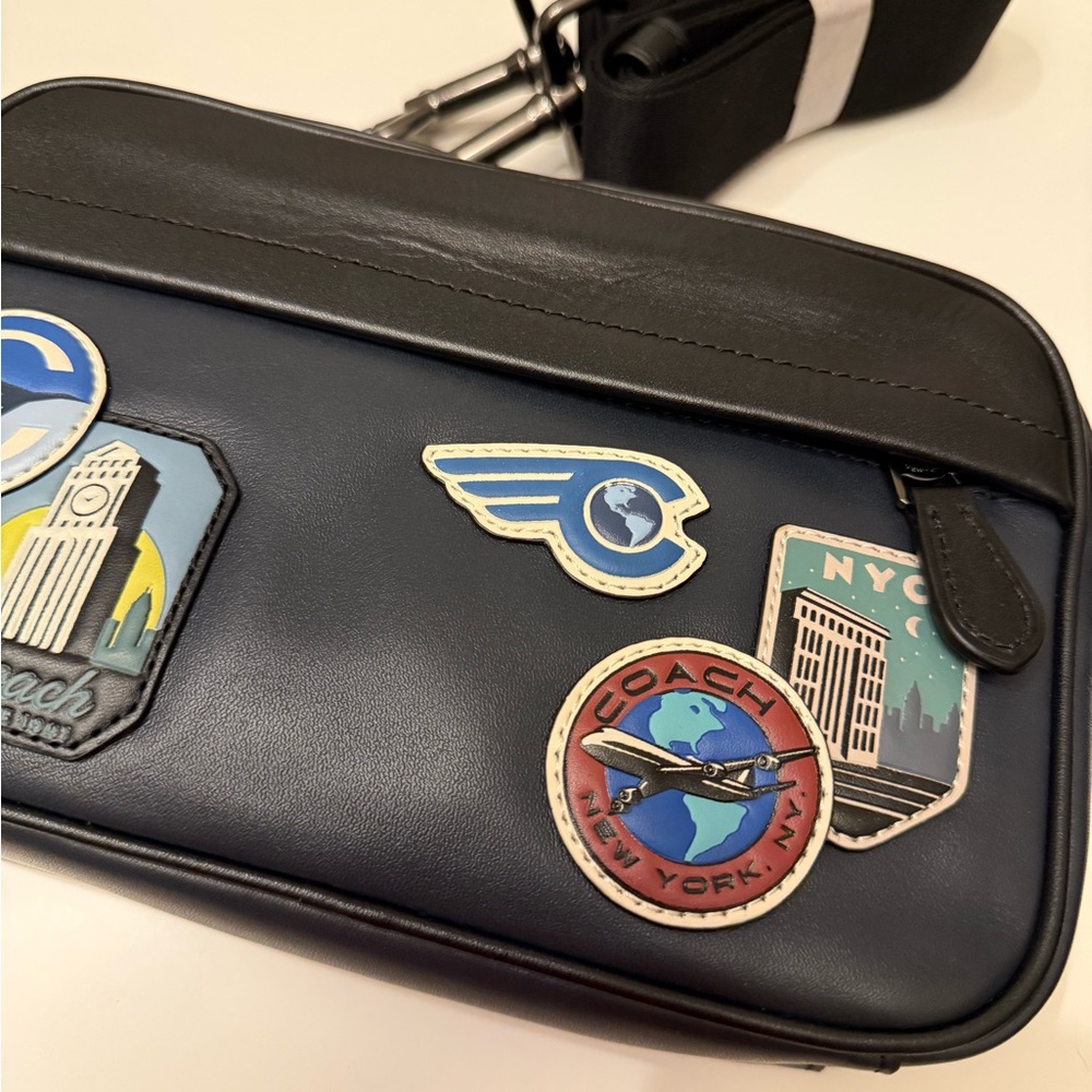 Coach Men’s Crossbody Bag with Travel Patchwork – Black/Navy Leather New! - Picture 8 of 9